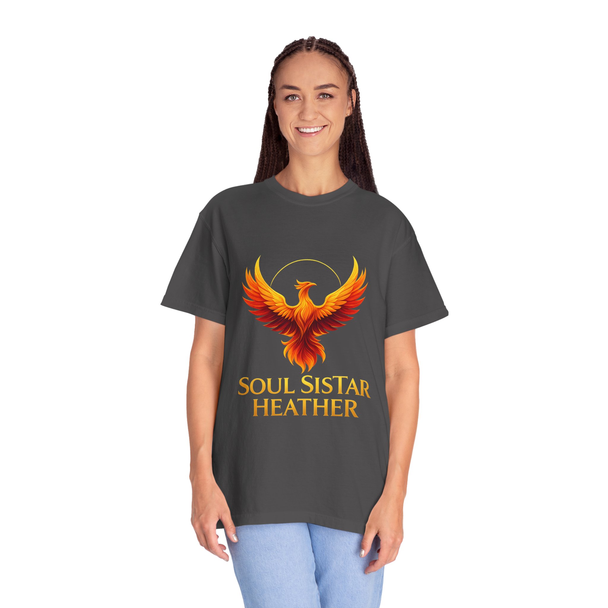 Phoenix illustration Soul Sistar Heather T-shirt | Flaming Bird Tee - Image 4